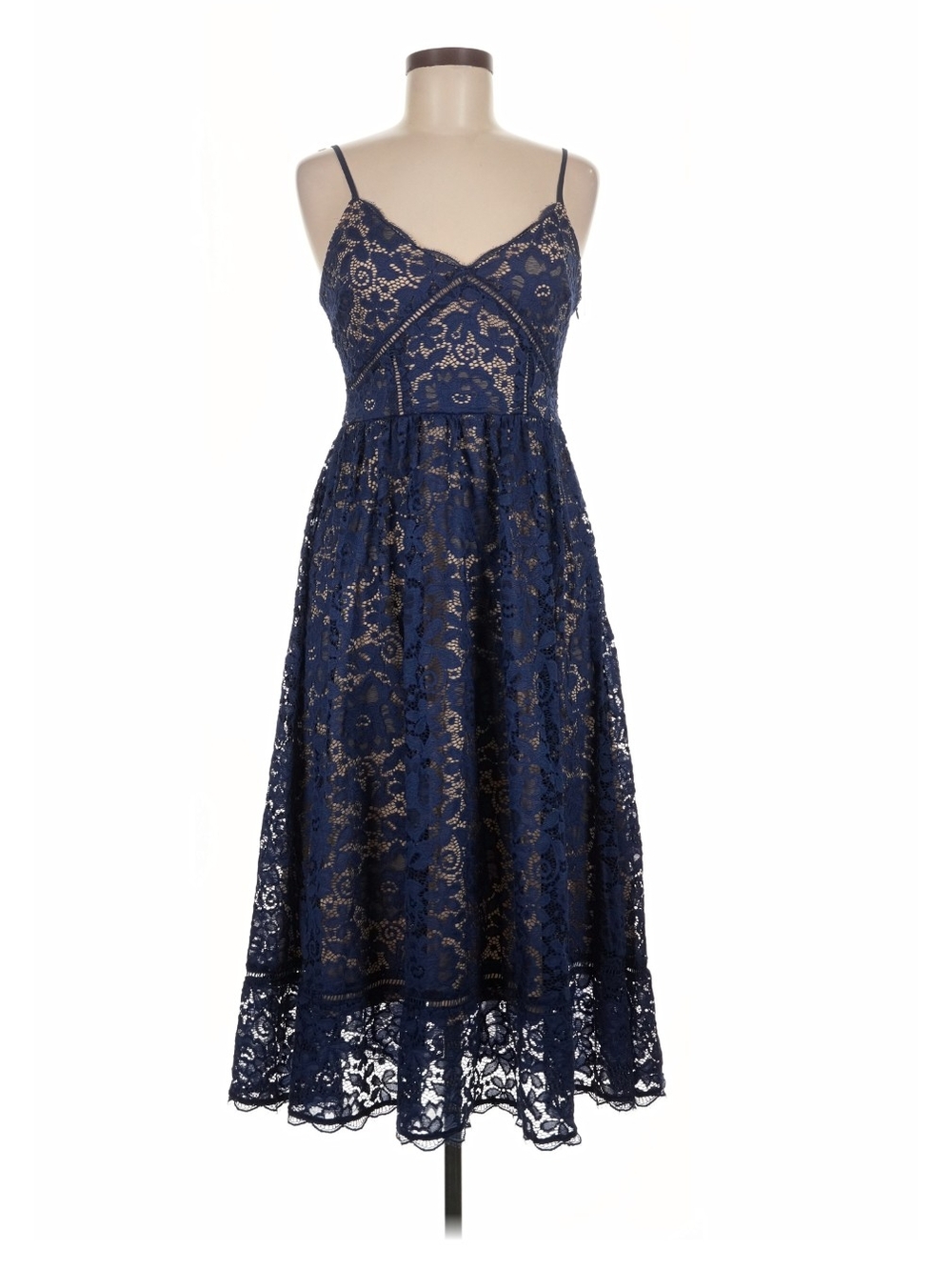 NSR Navy Lace Midi Spaghetti Strap Dress